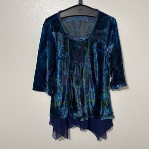 Blue Green Velour Paisley Pattern Mesh Hem 3/4 Sleeve Top Fairy Whimsigoth Boho
